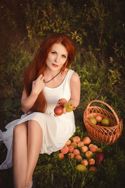 白い太陽の下で美しい赤髪の女の子は 新鮮な梨と桃のバスケットと森の中に座っています — ストック写真