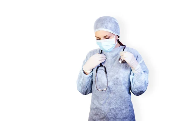 Portrait Young Female Doctor Medical Uniform Mask Rubber Sterile Gloves — Stock Photo, Image