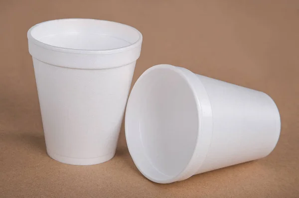 Closeup White Foam Cups Stand Cardboard Box Isolated Background — Stock Photo, Image