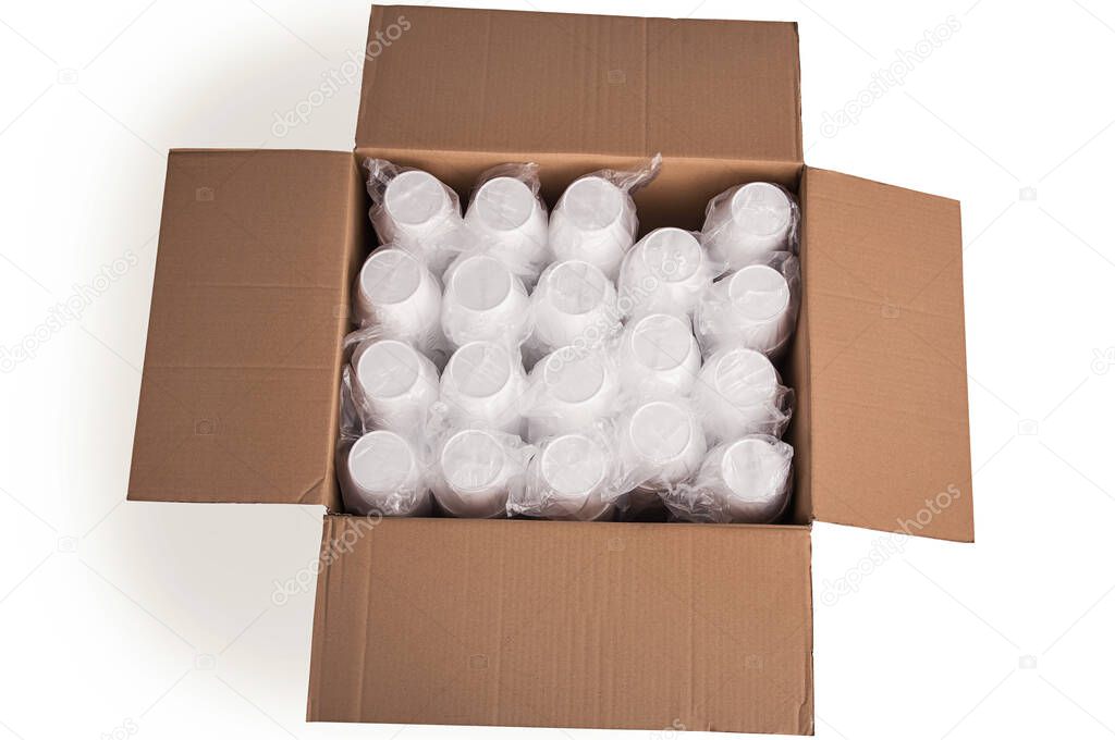 Large cardboard box with foam cups inside on an isolated background.