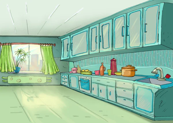 Kitchen.Dining Oda. Güneş ışığı. İllüstrasyon.