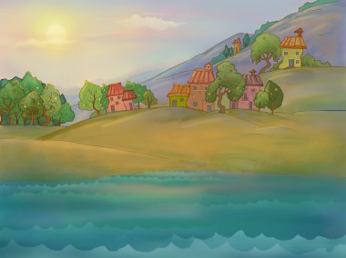 Deniz kıyısına bir şehir Illustration. Cove.Coast