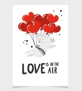 Çocuklardan oluşan Sevgililer Günü kartı. El yazısı alıntılarla çizilmiş. Aşk havada. Havuç, hava balonu, kalp.