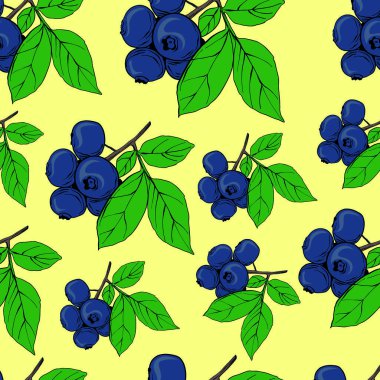 Doğal taze yaban mersinli, mükemmel vektörsüz desen. Parlak mavi, mor ve yeşil el sarı arkaplanda suluboya elementler çizdi.