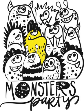 Canavarlar partisi. Karalama tarzında komik renkli bir poster. Canavarlı büyük boyama sayfası