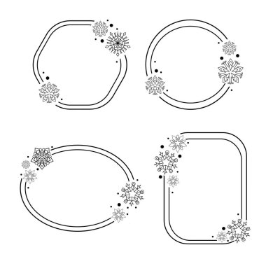 Hassas kar taneleri ve noktalarla süslenmiş, çeşitli geometrik şekillerde (daire, kare, altıgen, üçgen, yuvarlak varyantlar) 4 adet minimalist siyah çizgi sanat vektörü çerçevesi, kış tatili kartları ve davetiyeler için mükemmel.