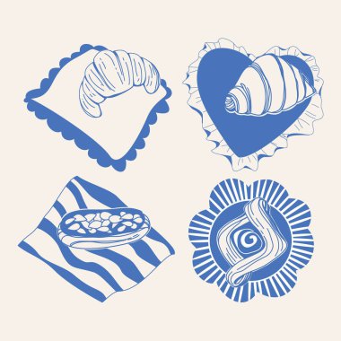 Dekoratif yastıklara yerleştirilmiş el yapımı kruvasanların ve tatlı pastaların vektör çizimi, kalp şeklinde bir peçete, ve mavi çizgili kumaş, fırın markası, kafe menüleri ve şekerleme paketleme için mükemmel.