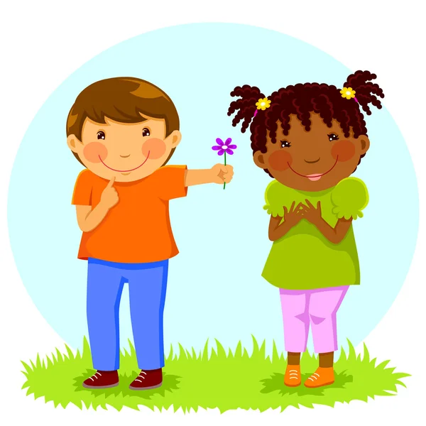 Junge schenkt Blume an Mädchen — Stockvektor