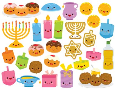 Hanukkah cartoons set. Cute clip art collection of cartoon Hanukkah symbols with smiling faces.  clipart