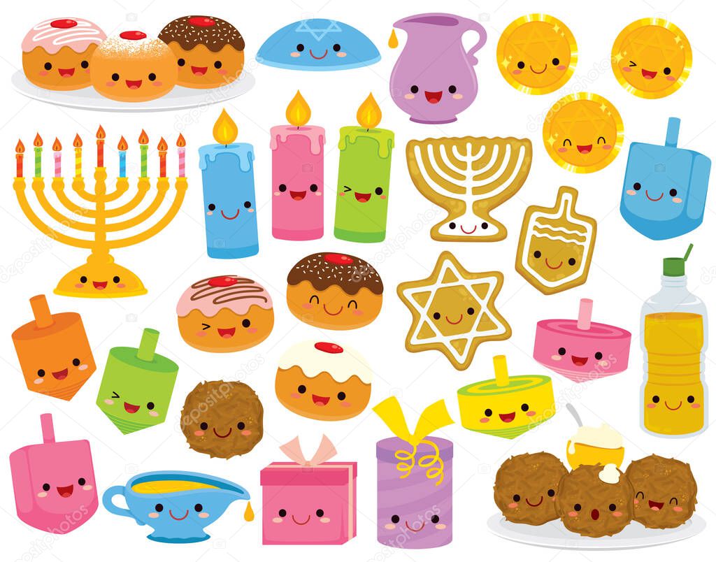 Hanukkah cartoons set. Cute clip art collection of cartoon Hanukkah symbols with smiling faces. 