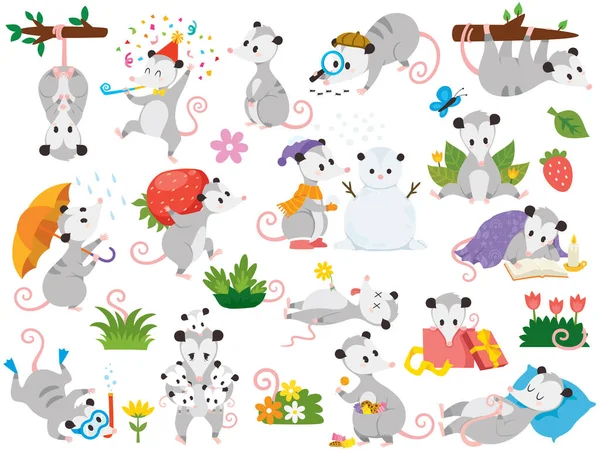 Possum Clipart Set Cute Cartoon Possum Characters Various Poses — Stock Vector