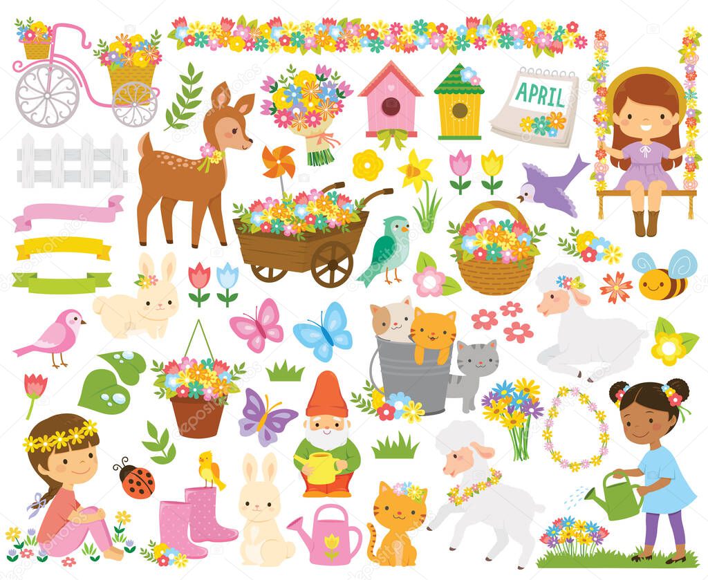 Clipart set for spring. Cute cartoon springtime items such as flowers, children, gardening tools and animals.