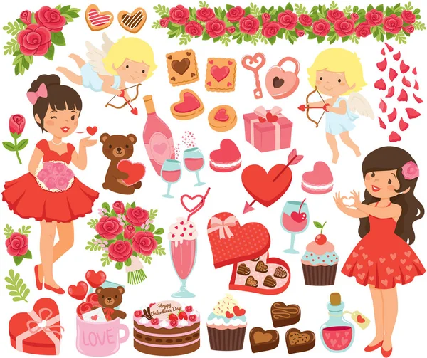 Conjunto Valentines Clipart Bonito Desenhos Animados Meninas Cupidos Símbolos Amor — Vetor de Stock