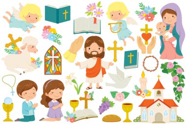 Hıristiyanlık çeşitli dini sembollerle ve karikatür İsa, Meryem, melekler ve dua eden çocuklarla dolu..