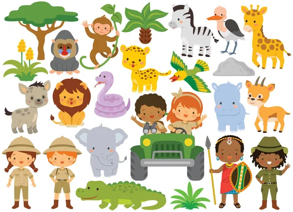 Safari Animais Crianças Clipart Conjunto Com Animais Selvagens Pessoas Savana — Vetor de Stock