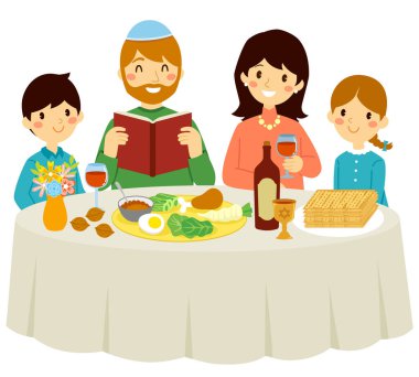 Ana aileyle Hamursuz Bayramı. Evde Yahudi Hamursuz Bayramı kutlaması yapan küçük bir aile..