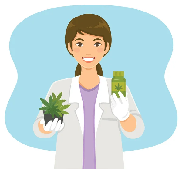 医療用大麻 大麻で作られたマリファナ植物や薬を保有する女性科学者 — ストックベクタ