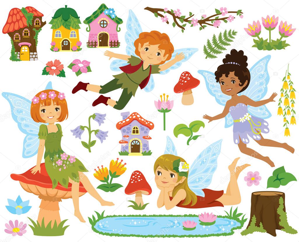 Fairy clipart set. Collection of cartoon fairies, fairy houses and forest elements. 