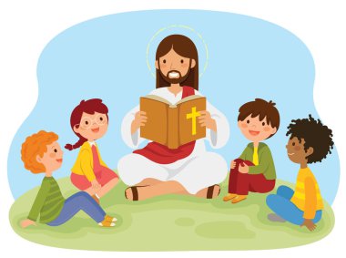 Jesus Christ reading the bible book to kids sitting on the grass.