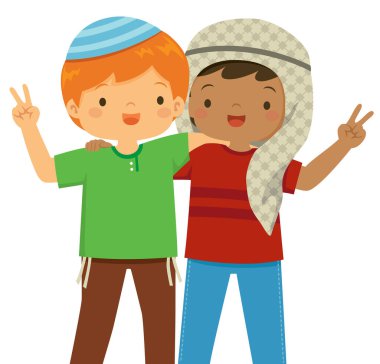 Muslim and Jewish boys being friends. Concept of peace between religions in the Middle East.  clipart