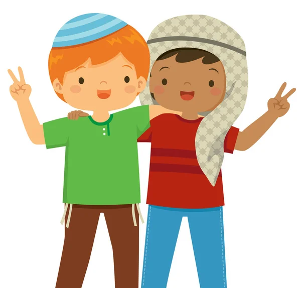 Moslim Joodse Jongens Die Vrienden Zijn Vredesbegrip Tussen Religies Het — Stockvector