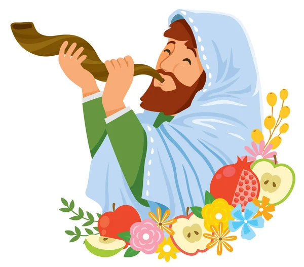 Celebrating Rosh Hashanah Jewish Man Blowing Shofar Jewish New Year — Stock Vector