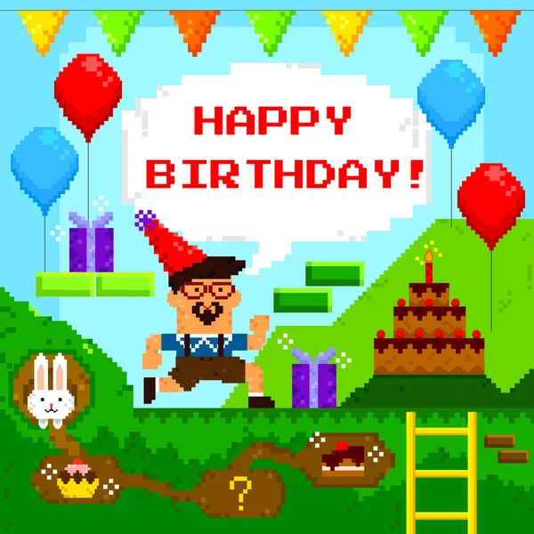 Pixel juego tarjeta de cumpleaños — Archivo Imágenes Vectoriales
