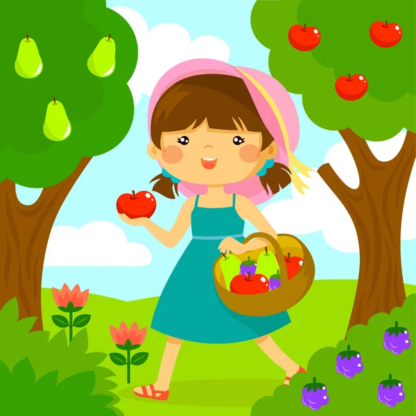 Fata cules fructe — Vector de stoc
