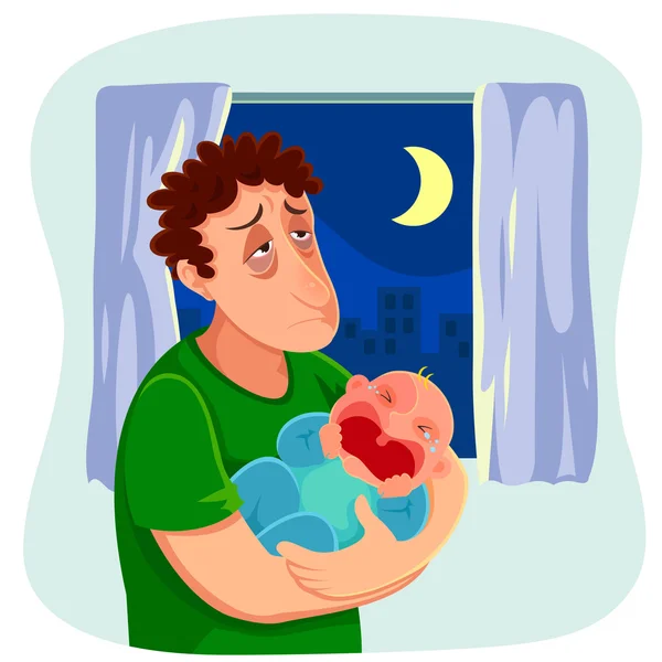 Père fatigué avec bébé pleurant — Image vectorielle