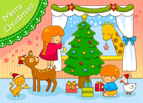 Дети и животные празднуют Рождество — стоковый вектор