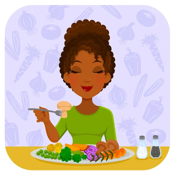 Mujer comiendo verduras — Vector de stock