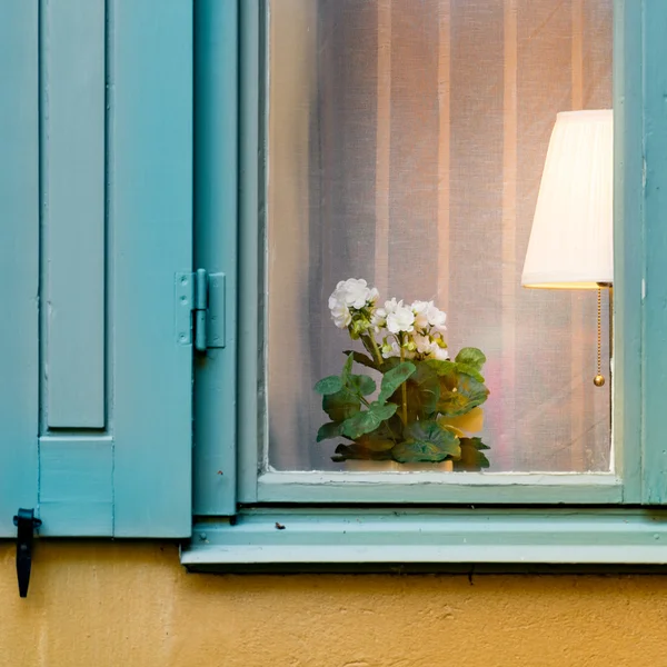 Окно с лампой и цветами — стоковое фото