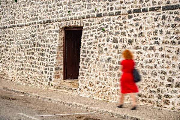 Old City Wall Bosnia Herzegovina Woman Red Dress Walking Street — Stock Photo, Image