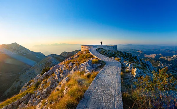 Sunset Scene Mausoleum Njegos Mountain Lovcen Montenegro Europe Person Looking — Stock Photo, Image