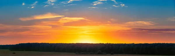 Панорама Заката Над Лесом Полем Голубое Оранжевое Облачное Небо Фоне — стоковое фото