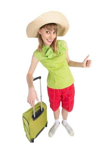 Donna con valigia saluto a qualcuno — Foto Stock