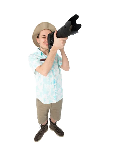 Funny man photographer making picture by camera. — Stock Photo, Image