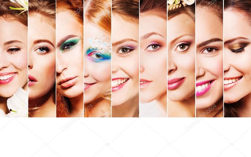 Beauty collage. Beautiful young women with stylish make-up.