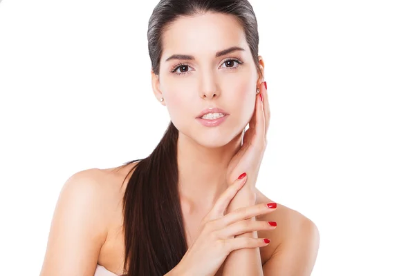 Beautiful Spa Woman Touching her Face. Perfect Fresh Skin. Pure Beauty Model. — Stockfoto