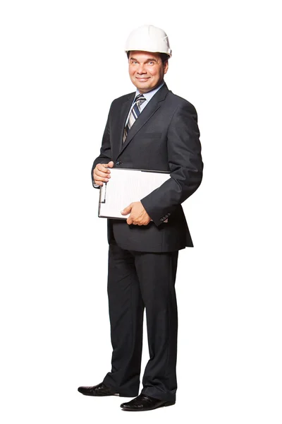 Mature smiling architect in hardhat isolated on white background. — Stock Photo, Image