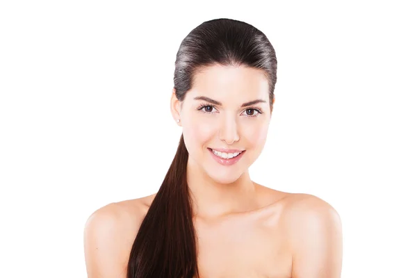 Beautiful smiling female model with perfect fresh skin isolated on white background — Stock Photo, Image