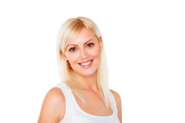 Closeup portrait of a beautiful smiling young blond woman with clean face and white teeth — Stock Photo, Image