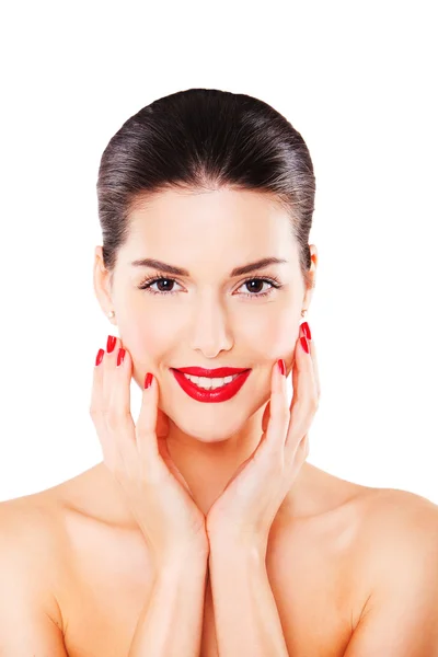 Close-up beauty portrait of beautiful model with red lips and manicure — Stock Photo, Image