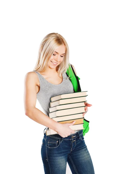 Jovem estudante caucasiano com livros, isolado em branco — Fotografia de Stock