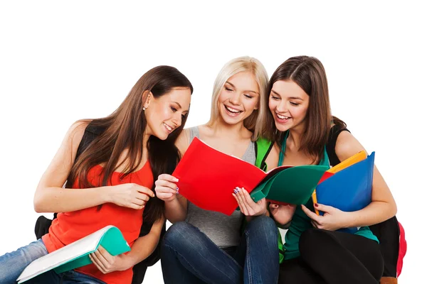 Estudiantes universitarios sonrientes de pie con libros y notas. Grupo de jóvenes amigos que estudian juntos —  Fotos de Stock