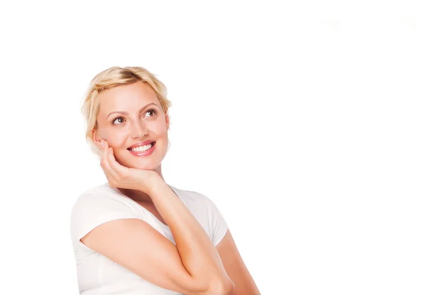 Beautiful smiling woman looking up - isolated over white — Stock Photo, Image