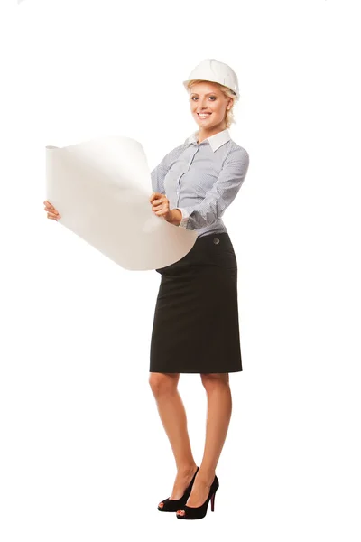 Young businesswoman architect holding blueprints isolated on white background — Stock Photo, Image
