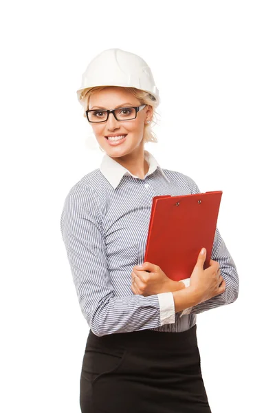 Mujer sonriente trabajadora de la construcción con sombrero duro en blanco — Foto de Stock