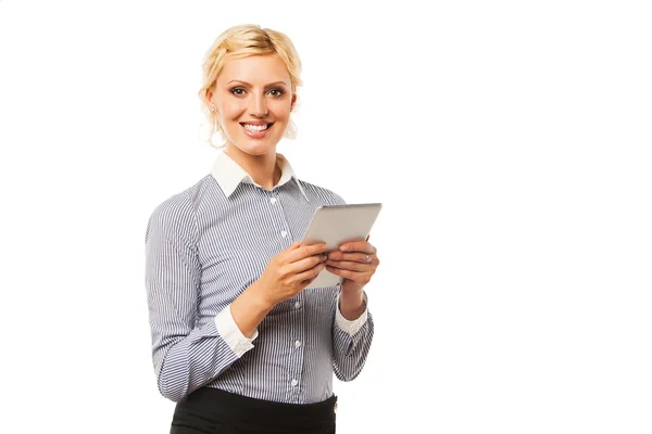 Empresária segurando computador tablet isolado no fundo branco . — Fotografia de Stock