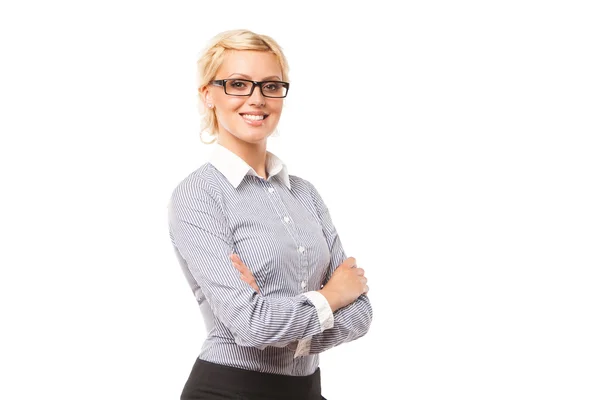 Ritratto di attraente donna caucasica sorridente isolata su studio bianco con occhiali — Foto Stock